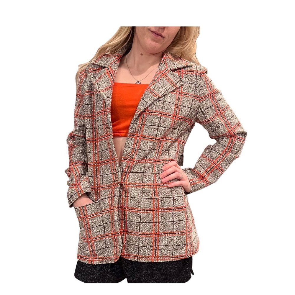 Vintage Mod Large Wing Tip Retro Blazer Ladies SMALL Brown and Orange Plaid